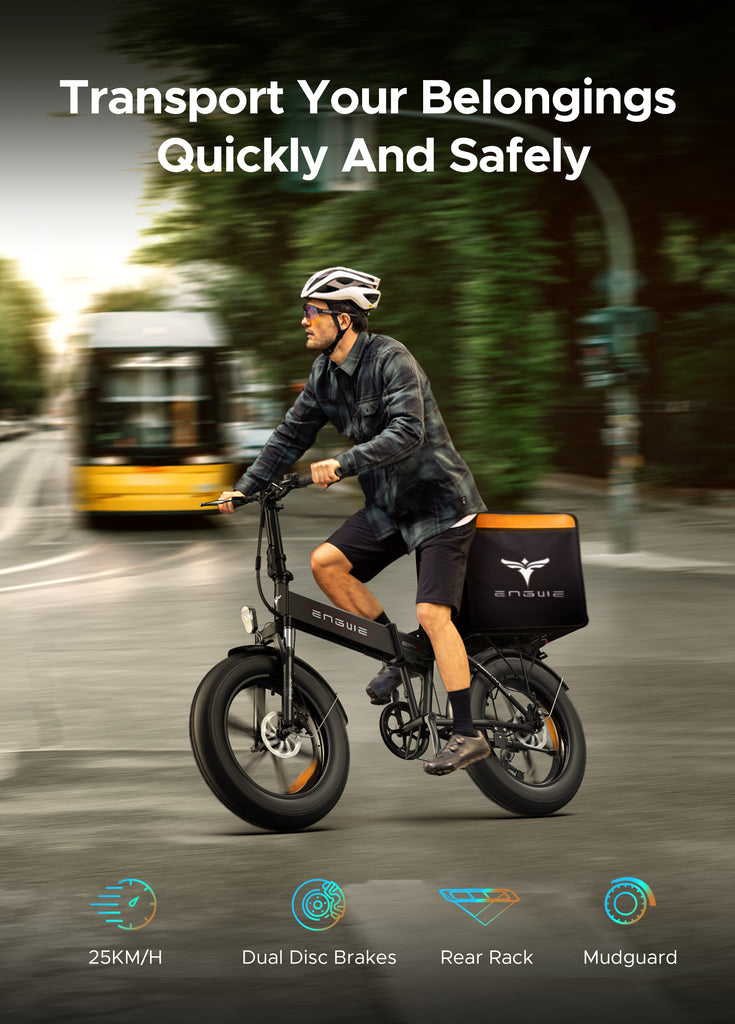 a man riding a black engwe ep-2 pro ebike with a rear bag