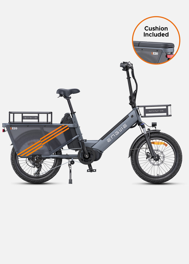 a grey engwe le20 long range  electric bike with a bike basket in the front and rear