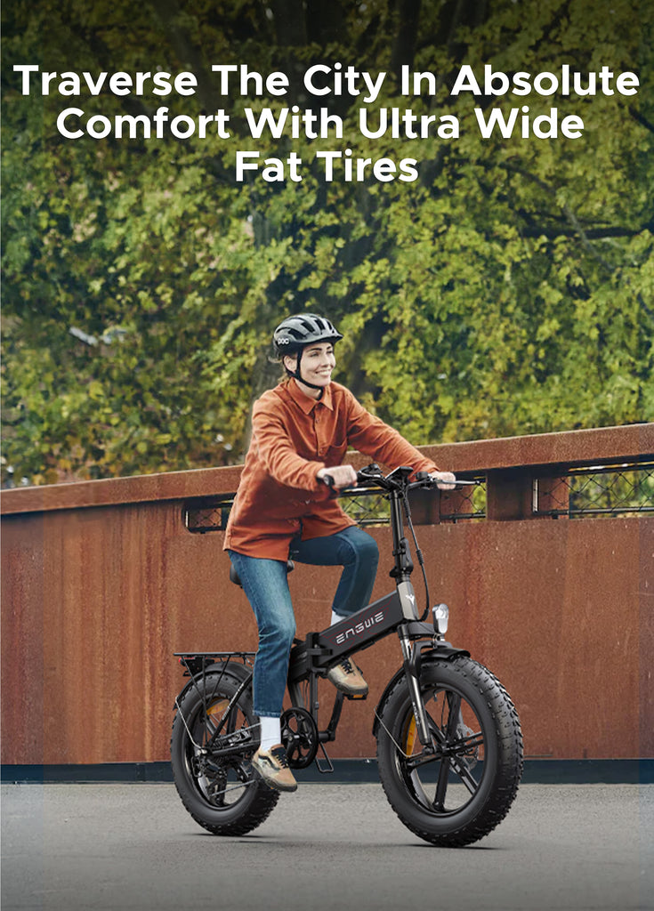 a woman riding a black engwe ep-2 pro ebike