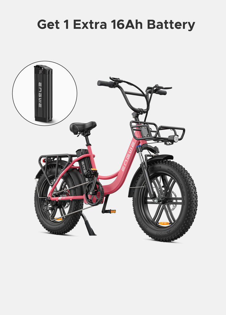 a flamingo pink engwe l20 fat wheel electric bike and an extra 16ah battery