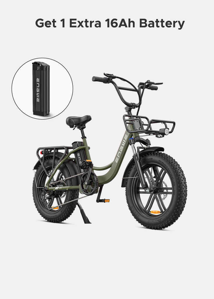 an avocado green engwe l20 fat wheel e bike and an extra 16ah battery