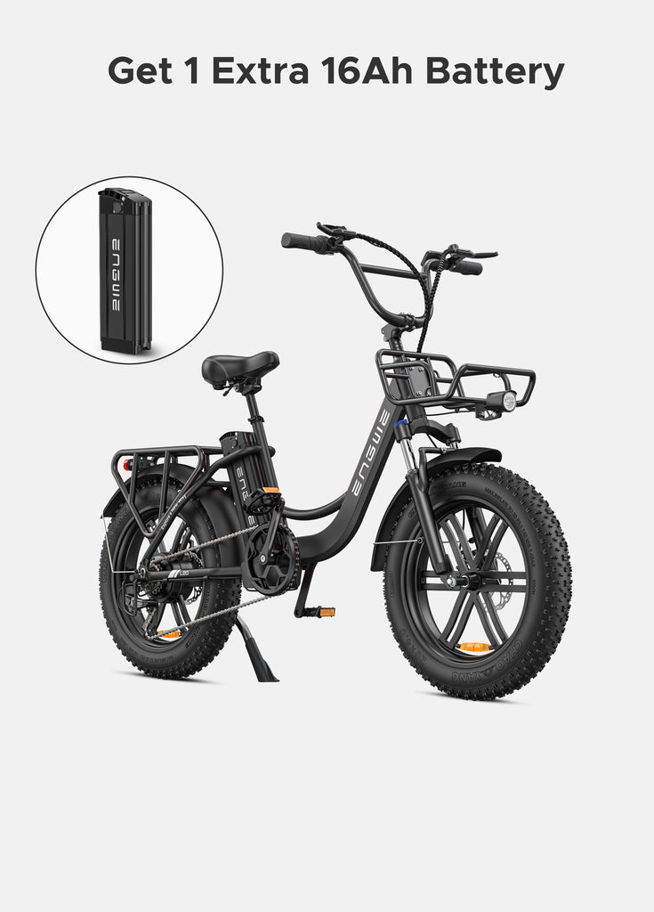 an onyx black engwe l20 fat tire electric bike and an extra 16ah battery