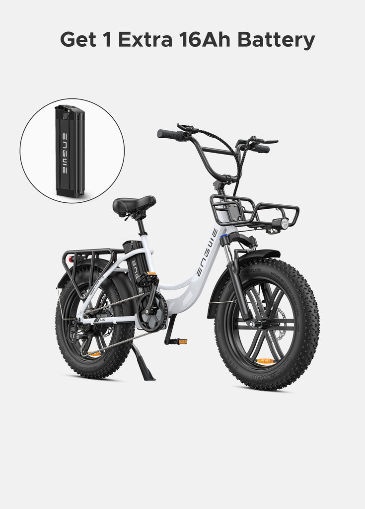 a snow white engwe l20 fat e bike and an extra 16ah battery