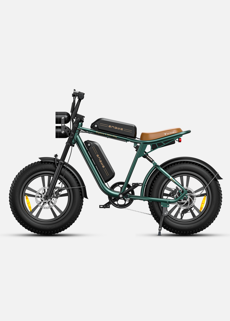 a green engwe m20 fat tyre electric bike with 2 batteries