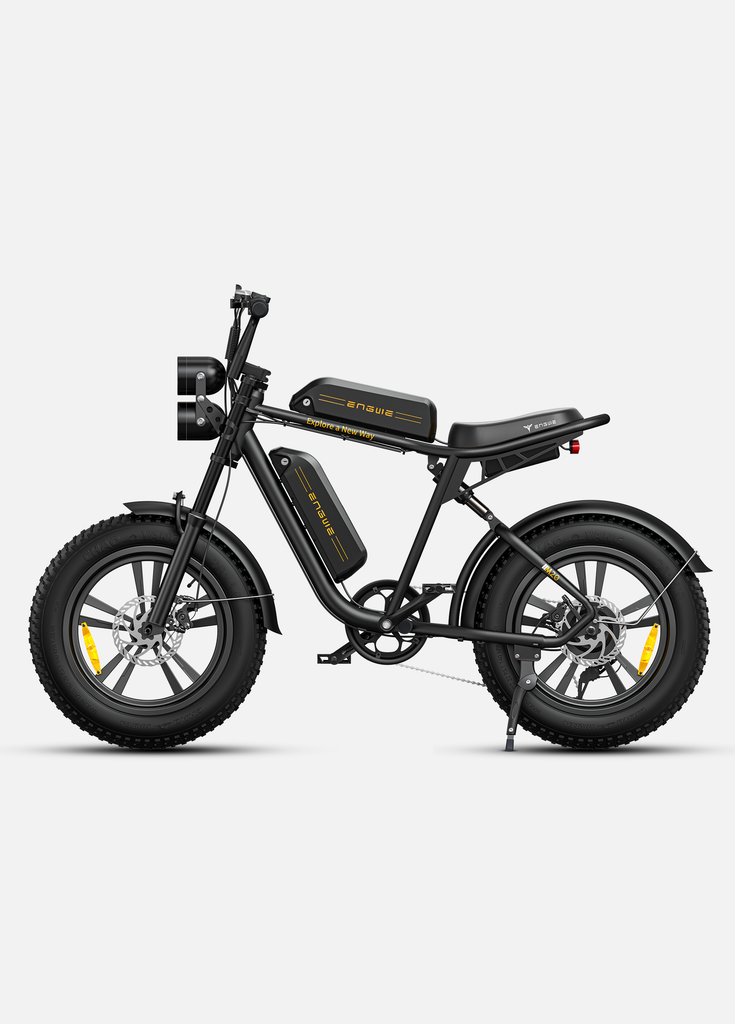 a black engwe m20 fat e bike with 2 batteries