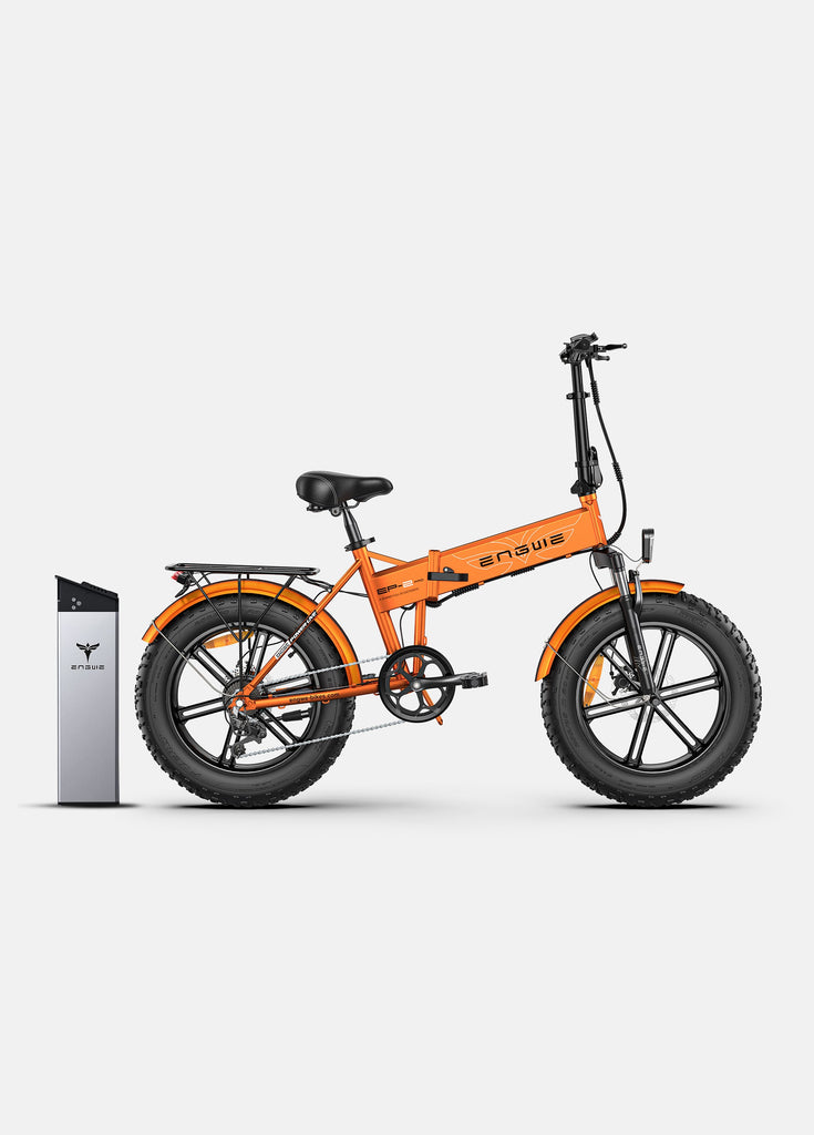 an orange engwe ep-2 pro ebike and an extra battery